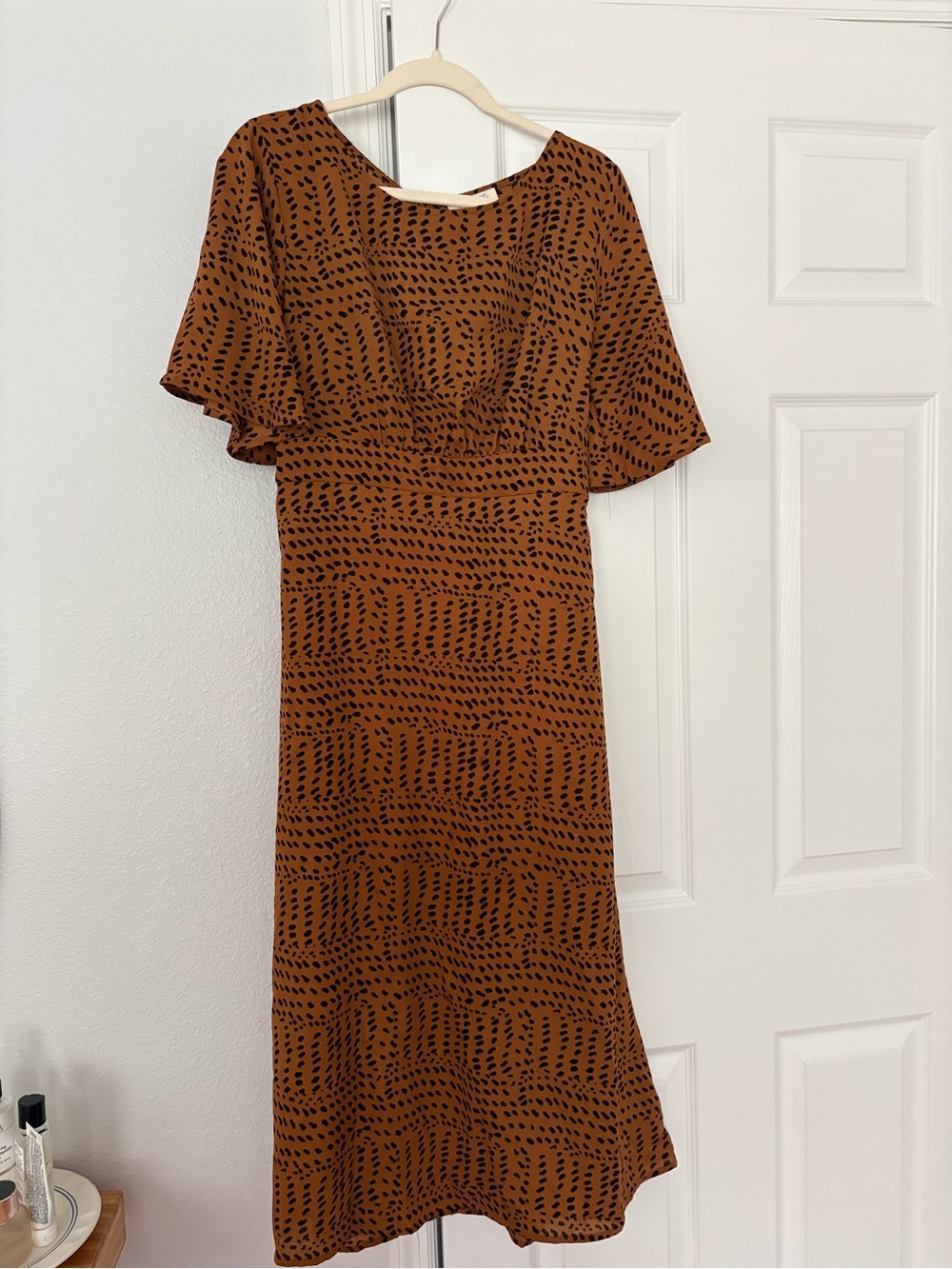 She + Sky Rust Brown Printed Midi Dress with Flutter Sleeves